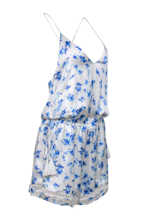 Current Boutique-Cami - White & Blue Floral Print Racerback Silk "Chandler" Romper Sz M