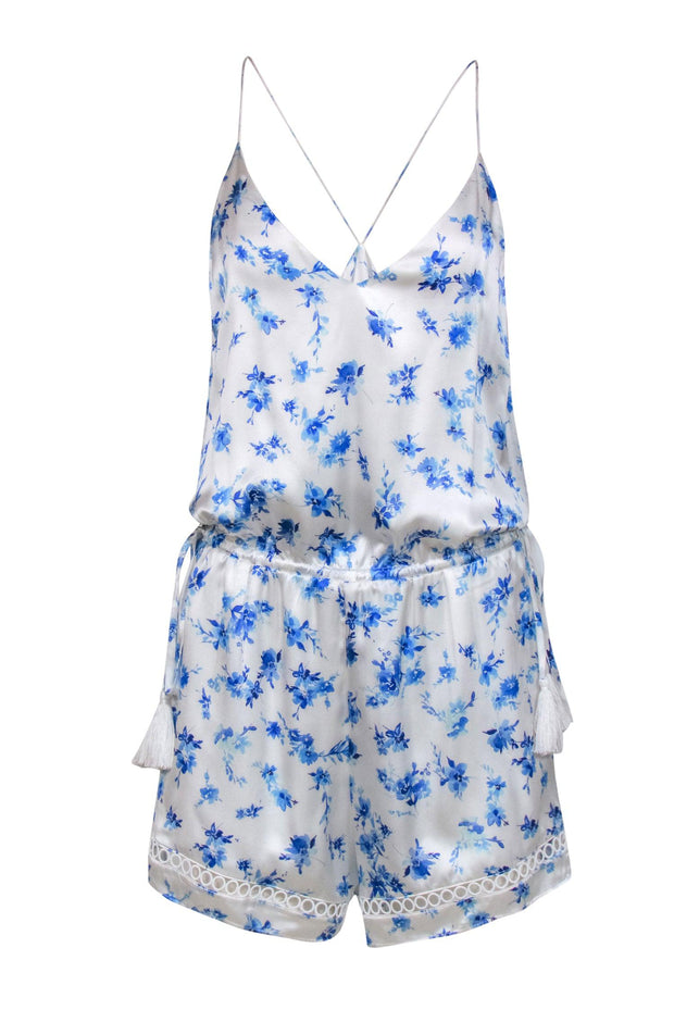 Current Boutique-Cami - White & Blue Floral Print Racerback Silk "Chandler" Romper Sz M