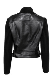 Current Boutique-Carlisle - Vintage Black Leather Zip-Up Jacket w/ Ribbed Wool Trim Sz S