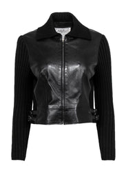 Current Boutique-Carlisle - Vintage Black Leather Zip-Up Jacket w/ Ribbed Wool Trim Sz S