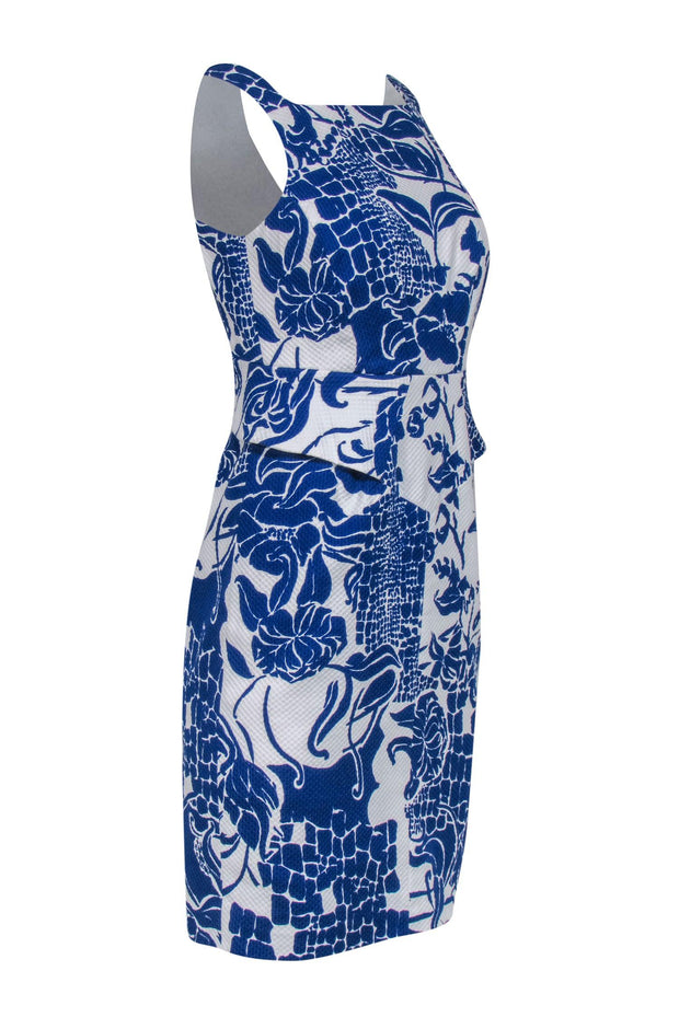 Current Boutique-Carlisle - White & Blue Floral Print Sleeveless Sheath Dress w/ Peplum Sz 2