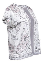 Current Boutique-Carmen Carmen Marc Valvo - White, Pink & Grey Printed Blouse Sz M