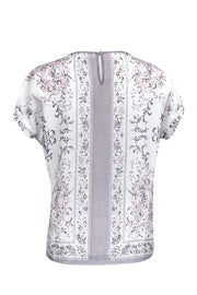 Current Boutique-Carmen Carmen Marc Valvo - White, Pink & Grey Printed Blouse Sz M