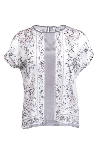 Current Boutique-Carmen Carmen Marc Valvo - White, Pink & Grey Printed Blouse Sz M