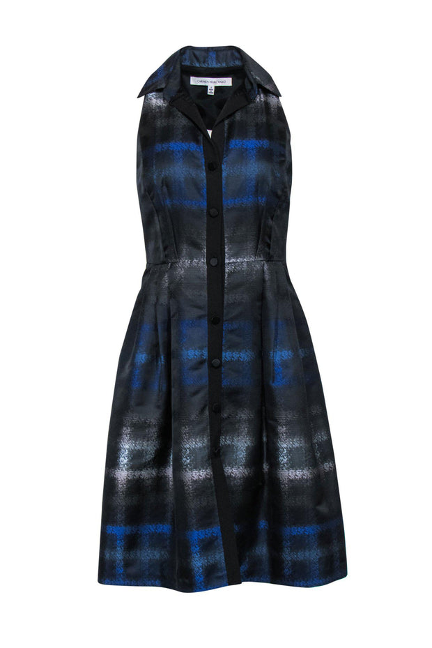 Current Boutique-Carmen Marc Valvo - Black & Blue Printed A-Line Collared Dress Sz 2