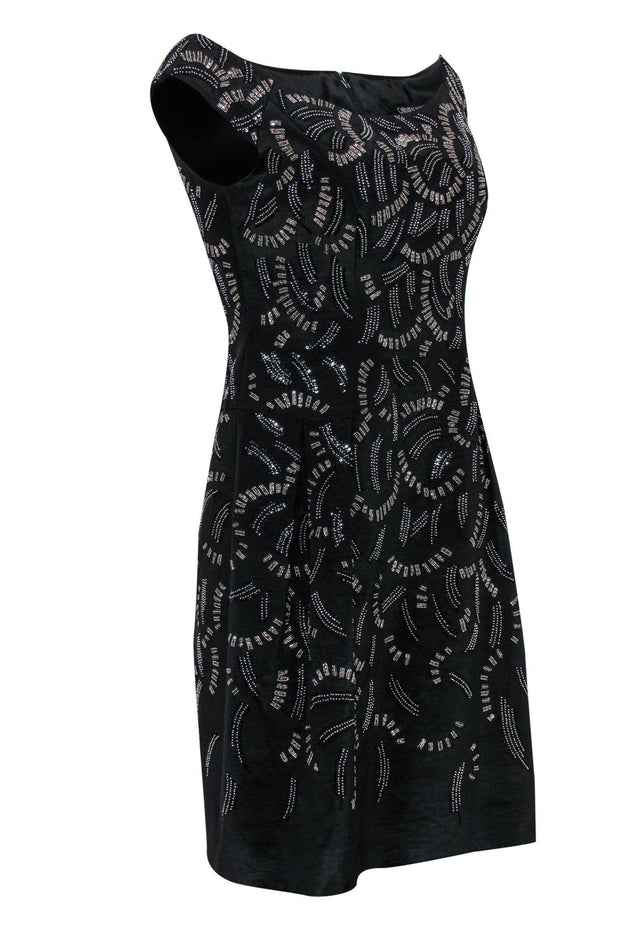 Current Boutique-Carmen Marc Valvo - Black Boat Neck Beaded Sheath Dress Sz 6