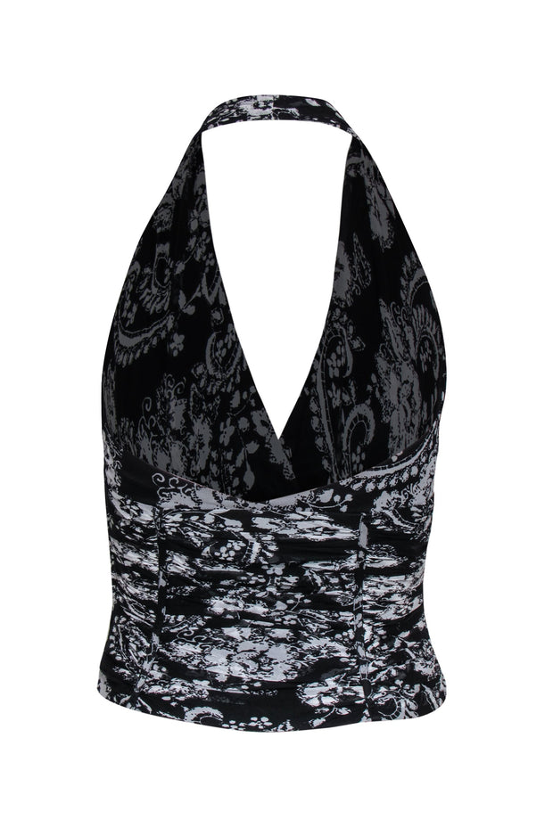 Current Boutique-Carmen Marc Valvo - Black & White Paisley & Floral Print Silk Halter Top Sz 6