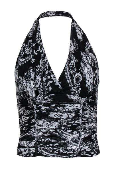 Current Boutique-Carmen Marc Valvo - Black & White Paisley & Floral Print Silk Halter Top Sz 6