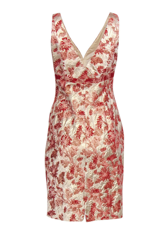 Current Boutique-Carmen Marc Valvo - Gold Sleeveless Midi Dress w/ Red Floral Jacquard Sz 6