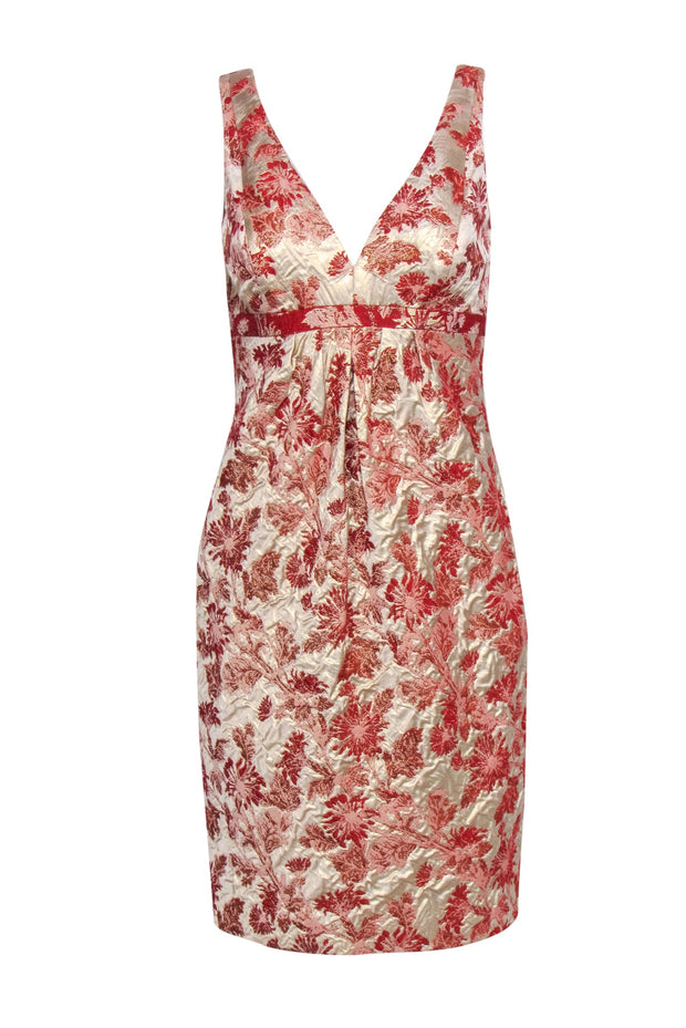 Current Boutique-Carmen Marc Valvo - Gold Sleeveless Midi Dress w/ Red Floral Jacquard Sz 6