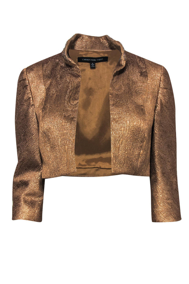 Current Boutique-Carmen Marc Valvo - Gold Textured Cropped Jacket w/ Beading Sz 6