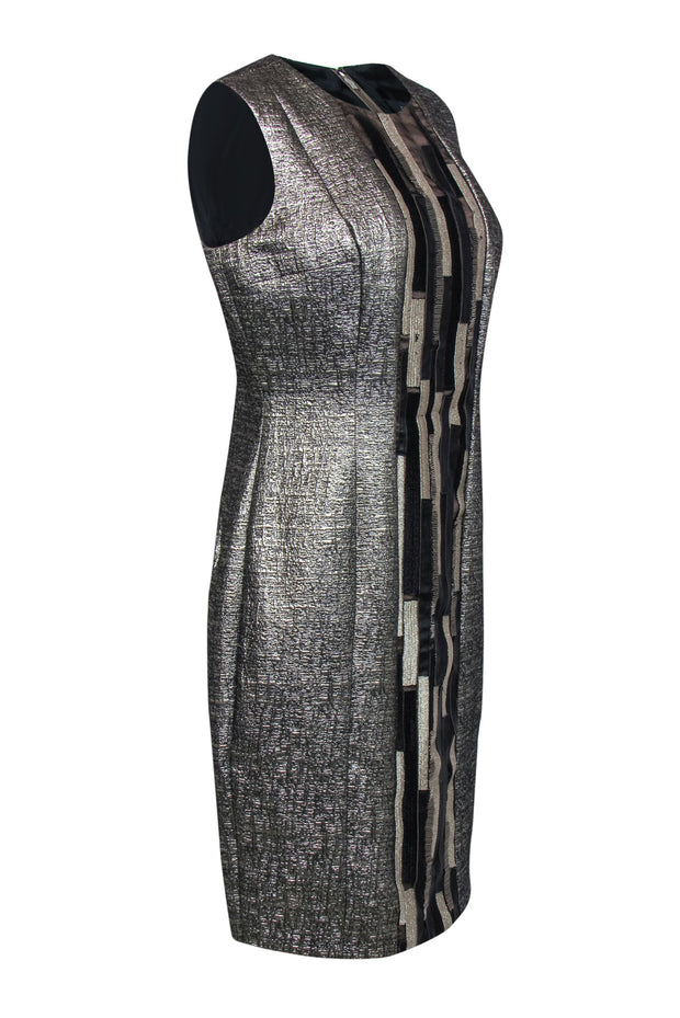 Current Boutique-Carmen Marc Valvo - Silver Metallic Dress w/ Beaded, Embroidered & Faux Leather Paneling Sz 10