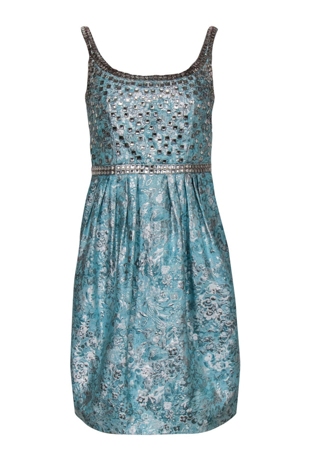 Current Boutique-Carmen Marc Valvo - Sky Blue & Silver Floral Brocade Dress w/ Jewels Sz 4