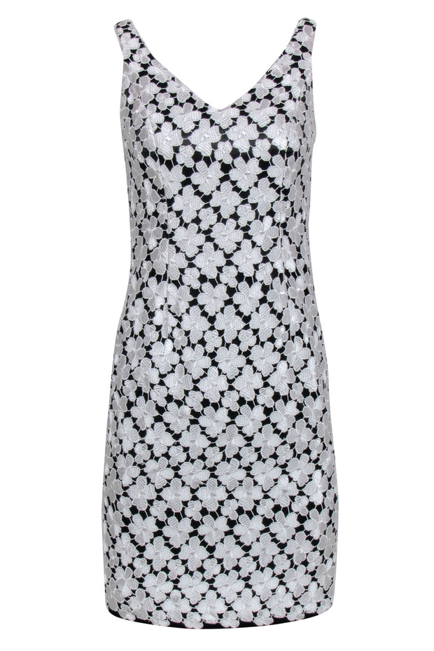 Current Boutique-Carmen Marc Valvo - White & Black Floral Lace Sleeveless Sheath Dress Sz 2