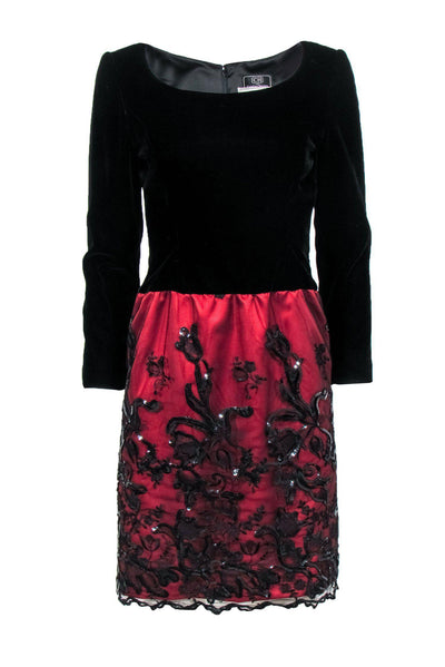 Current Boutique-Carolina Herrera - Black Velvet & Red Mesh Overlay Skirt w/ Sequins Sz 4