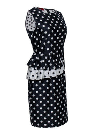 Current Boutique-Carolina Herrera - Navy & White Polka Dot Sheath Dress w/ Flounce at Waist Sz 8