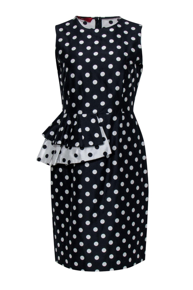 Current Boutique-Carolina Herrera - Navy & White Polka Dot Sheath Dress w/ Flounce at Waist Sz 8