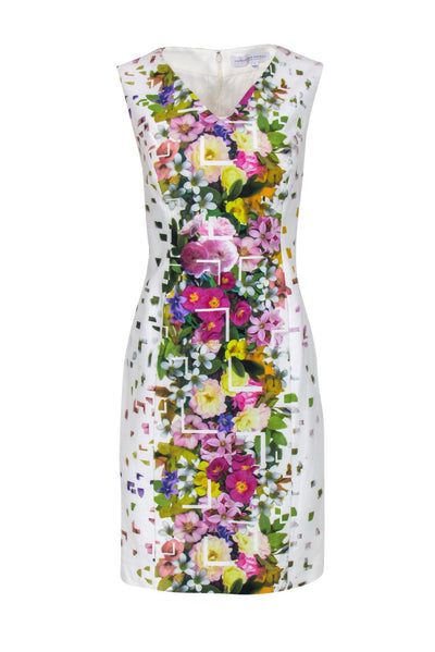 Current Boutique-Carolina Herrera - White Floral Printed Cotton Sheath Dress Sz 14