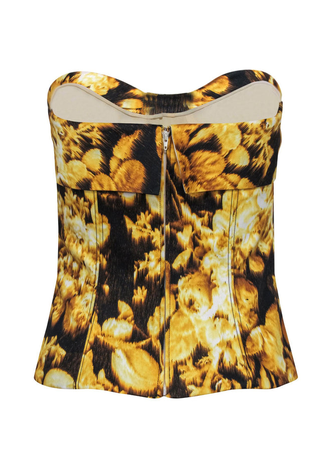 Current Boutique-Carolina Herrera - Yellow & Black Floral Print Strapless Bustier Top w/ Bow Sz 4