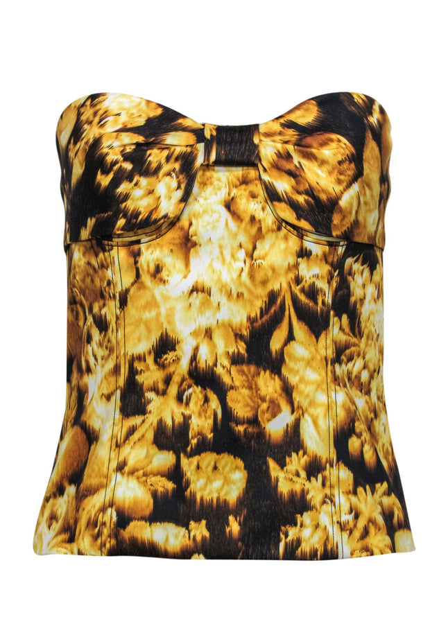 Current Boutique-Carolina Herrera - Yellow & Black Floral Print Strapless Bustier Top w/ Bow Sz 4