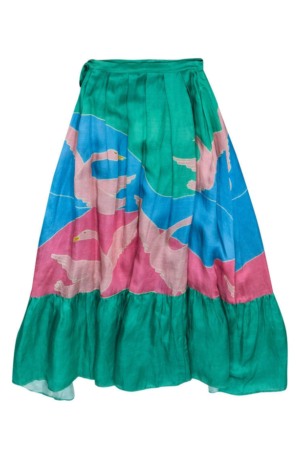 Current Boutique-Carolina K - Green, Pink & Blue "Bathing Birds" Maxi Skirt w/ Ruffle Hem Sz XS