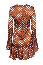 Current Boutique-Caroline Constas - Brown & White Polka Dot Satin Bell Sleeve Dress w/ Ruching Sz M