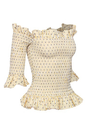 Current Boutique-Caroline Constas - Yellow & White Stripe & Polka Dot Smocked Off-the-Shoulder Top Sz S