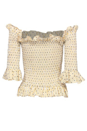 Current Boutique-Caroline Constas - Yellow & White Stripe & Polka Dot Smocked Off-the-Shoulder Top Sz S