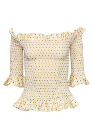 Current Boutique-Caroline Constas - Yellow & White Stripe & Polka Dot Smocked Off-the-Shoulder Top Sz S