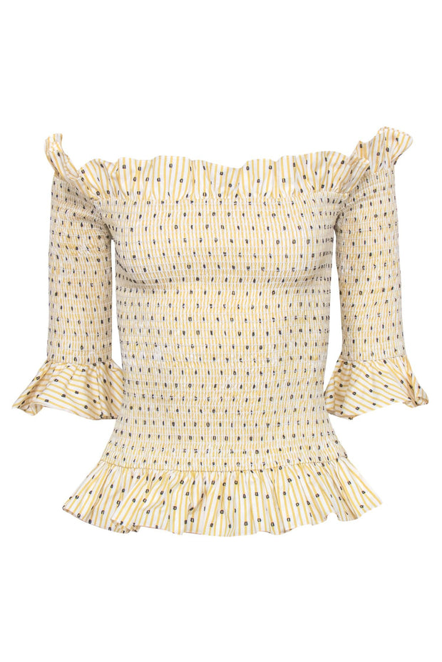 Current Boutique-Caroline Constas - Yellow & White Stripe & Polka Dot Smocked Off-the-Shoulder Top Sz S