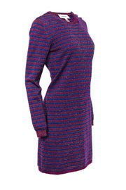 Current Boutique-Carven - Blue & Plum Striped Metallic Knitted Sweater Dress Sz L