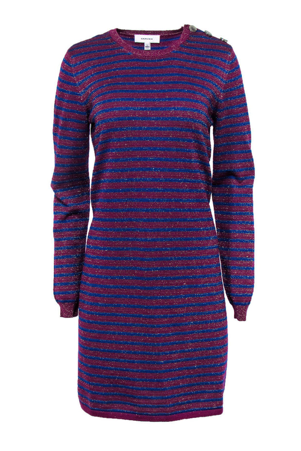 Current Boutique-Carven - Blue & Plum Striped Metallic Knitted Sweater Dress Sz L