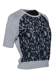 Current Boutique-Carven - Light Grey Short Sleeve Sweater w/ Navy Lace Detail Sz M