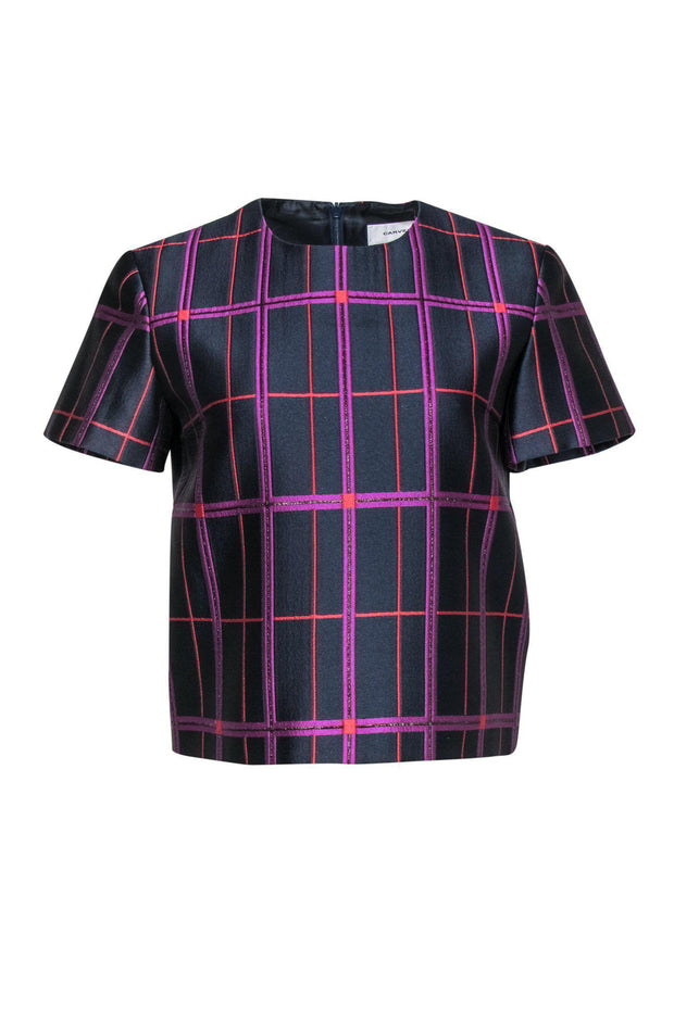 Current Boutique-Carven - Navy, Purple & Red Plaid Short Sleeve Boxy Top Sz 6