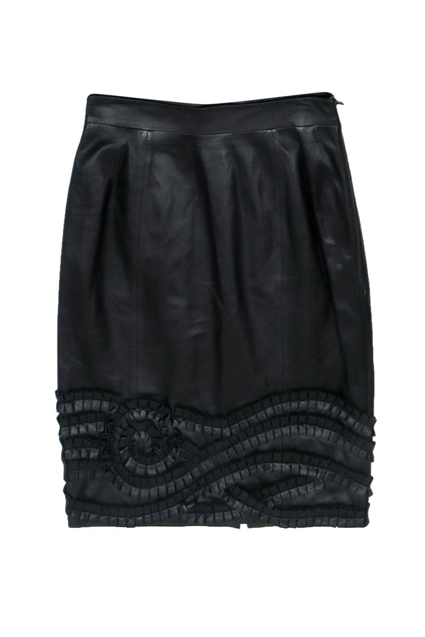 Current Boutique-Catherine Malandrino - Black Leather Pencil Skirt w/ Ruffle Applique Hem Sz 4