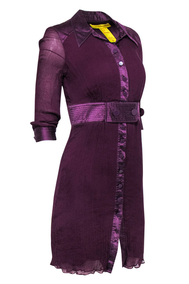 Current Boutique-Catherine Malandrino - Plum Micro-Pleated Silk Belted Shirt Dress Sz 0