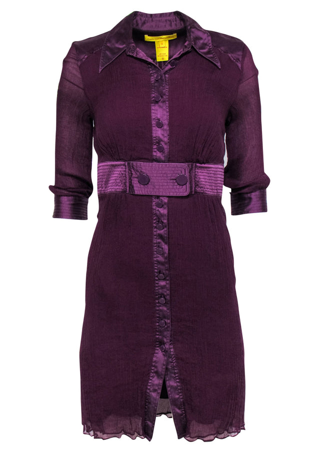 Current Boutique-Catherine Malandrino - Plum Micro-Pleated Silk Belted Shirt Dress Sz 0