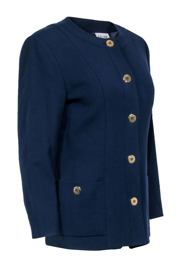 Current Boutique-Celine - Navy Blue Gold Button Front Blazer Sz 10