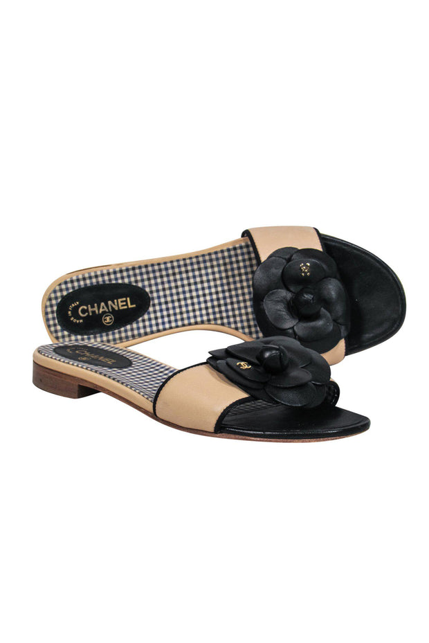 Current Boutique-Chanel - Beige Leather "Camilla" Slide Sandals w/ Rosette Sz 8