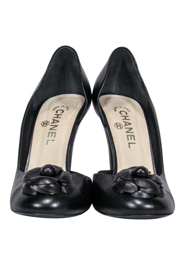 Current Boutique-Chanel - Black Leather Pumps w/ Rosette Sz 12