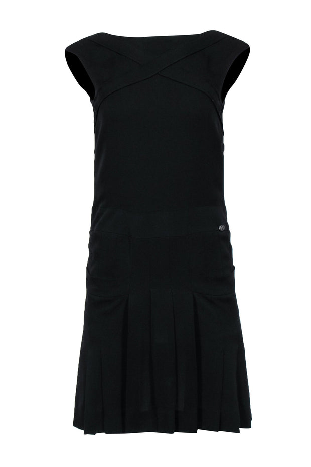 Current Boutique-Chanel - Black Silk Drop-Waist Sleeveless Dress w/ Pleated Skirt & Pockets Sz 2