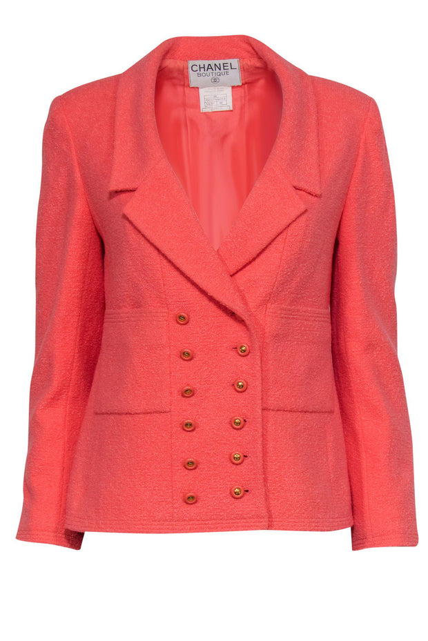 Current Boutique-Chanel - Coral Tweed Button-Front Blazer w/ Gold Buttons Sz 8