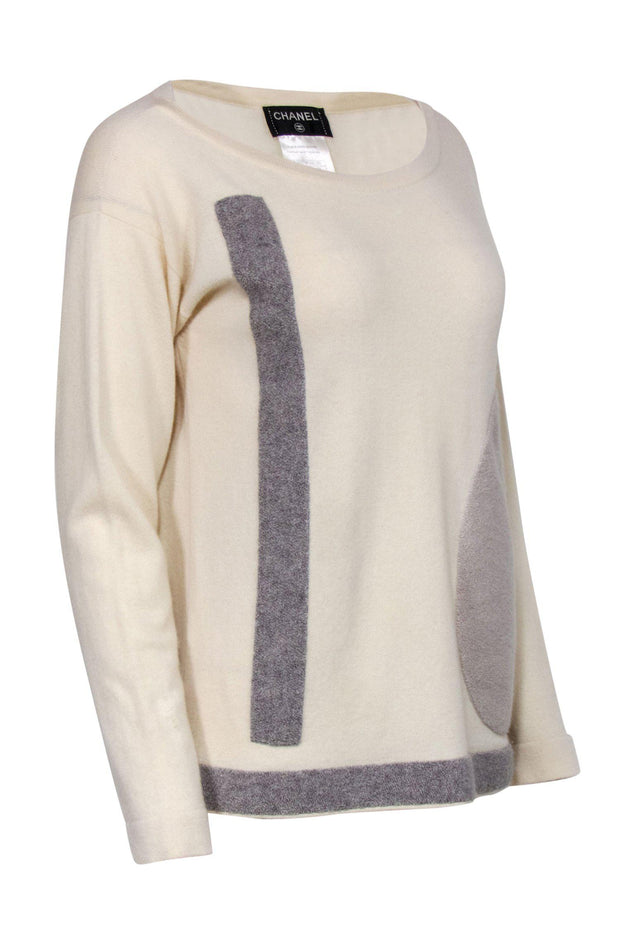 Current Boutique-Chanel - Cream & Gray Patchwork Cashmere Sweater w/ Pocket Sz 2