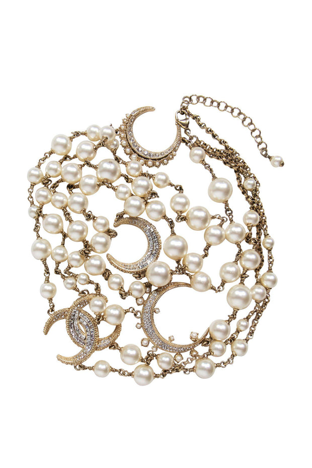 Current Boutique-Chanel - Gold Faux Pearl Crescent Moon Long Necklace w/ Rhinestones