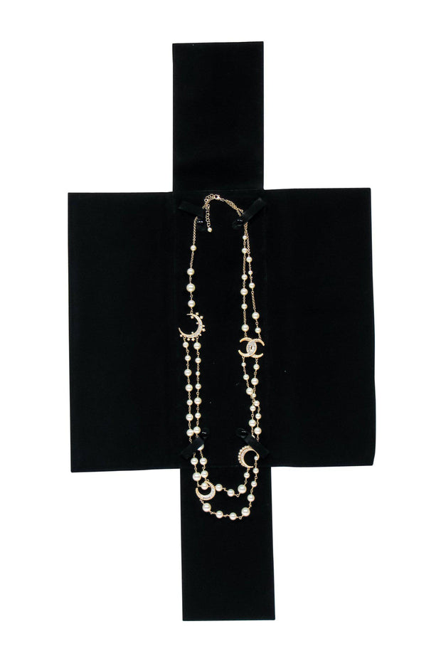 Current Boutique-Chanel - Gold Faux Pearl Crescent Moon Long Necklace w/ Rhinestones