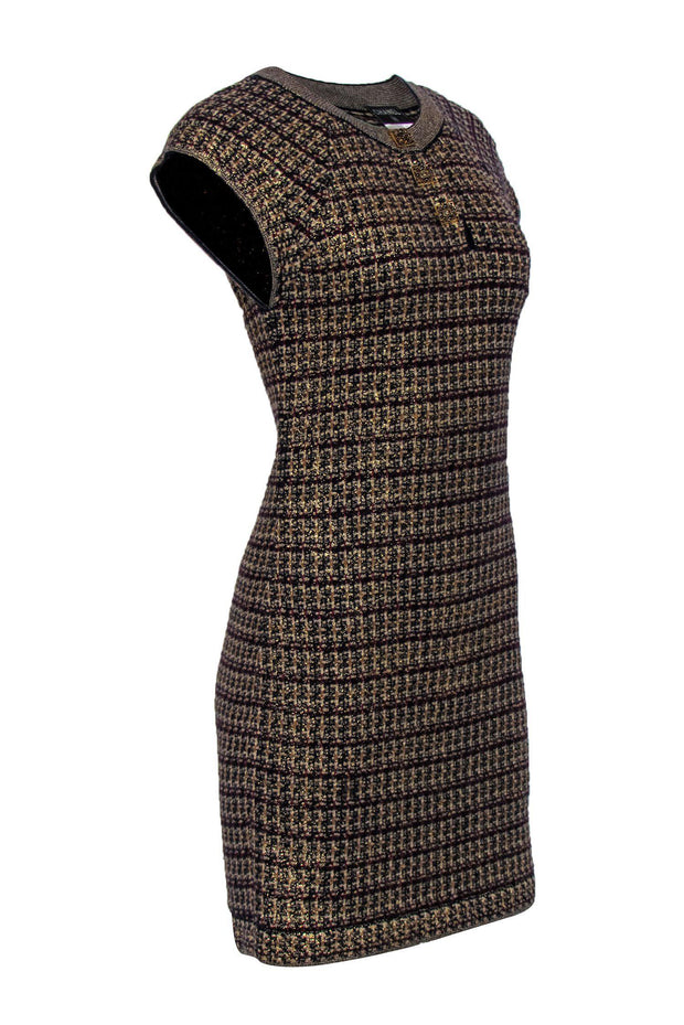 Current Boutique-Chanel - Golden Brown & Red Tweed Cap Sleeve Sheath Dress Sz 4