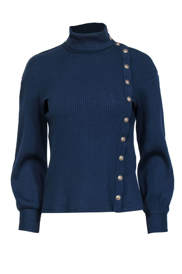 Current Boutique-Chanel - Navy Ribbed Asymmetrical Anchor Button Sweater Sz M