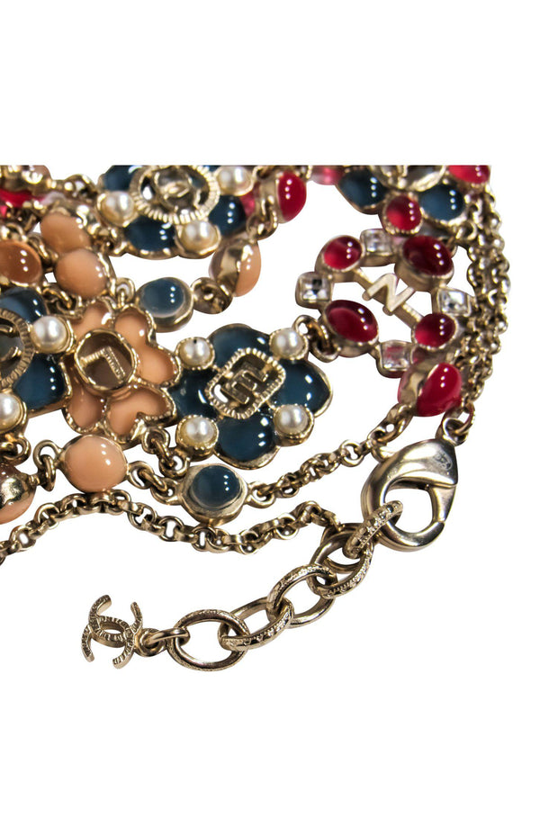 Current Boutique-Chanel - Pink & Blue Resin Stone Long "Chanel" Floral Necklace