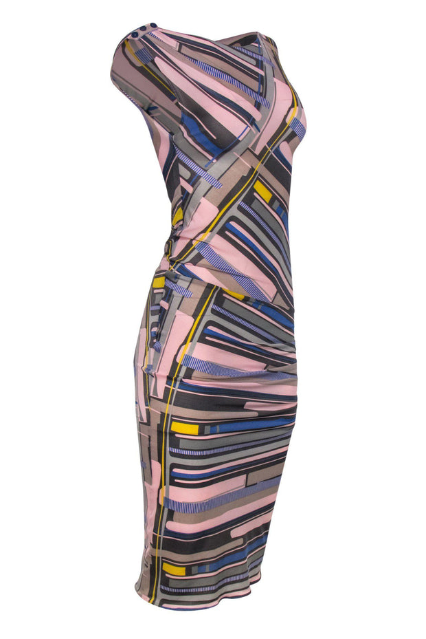 Current Boutique-Chanel - Pink, Grey & Blue Abstract Print Sleeveless Ruched Maxi Dress Sz 8