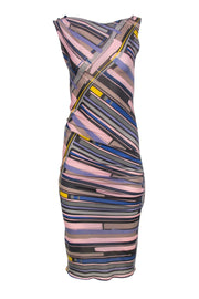 Current Boutique-Chanel - Pink, Grey & Blue Abstract Print Sleeveless Ruched Maxi Dress Sz 8